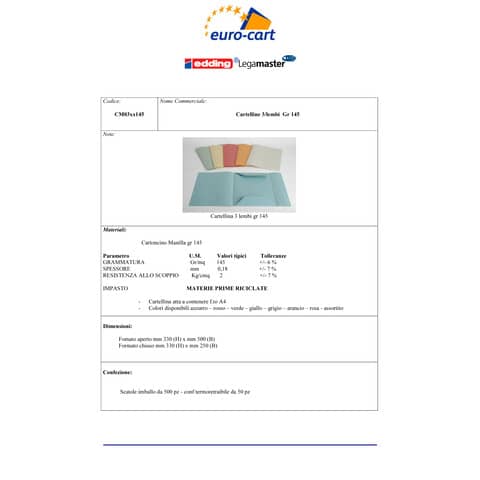 Cartelline a 3 lembi EURO-CART Cartoncino Manilla 25x33 cm gr. 145 g/mq azzurro  conf. da 50 pezzi - CM03AZ145